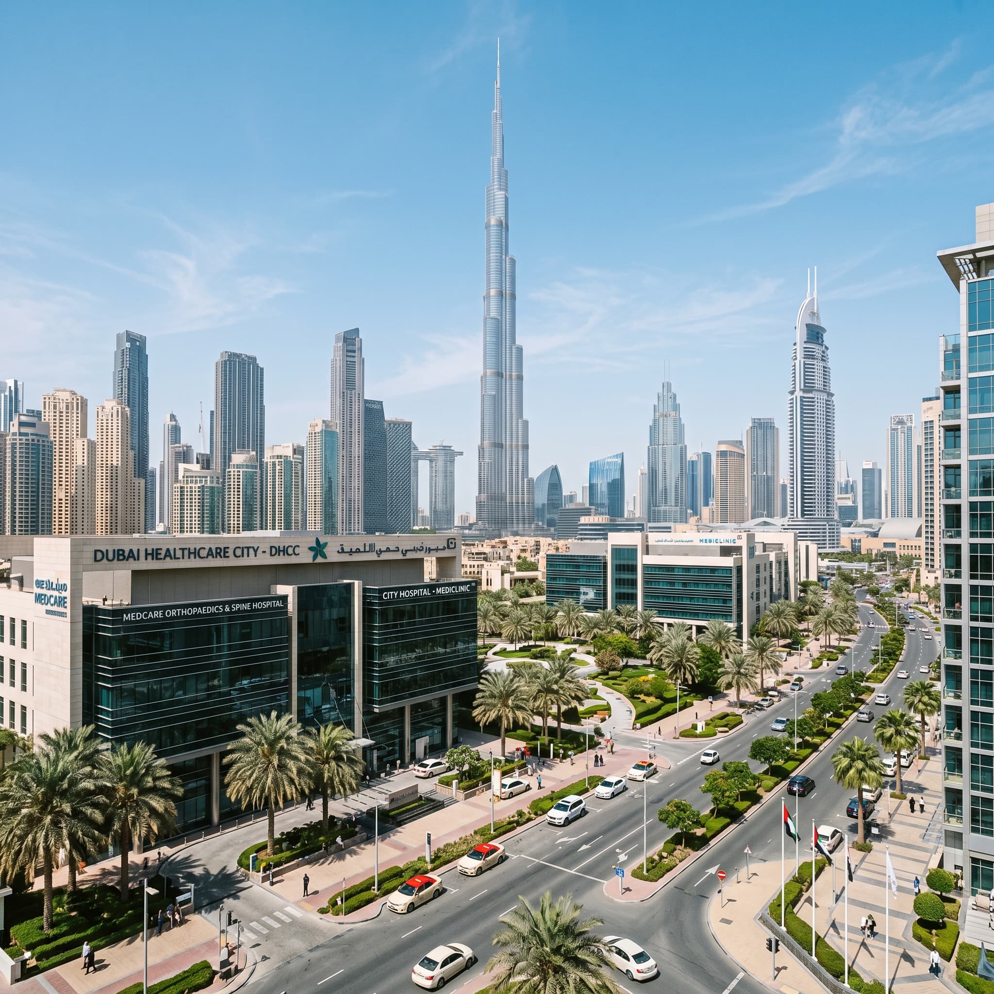 Dubai Healthcare City на фоне Бурдж-Халифа