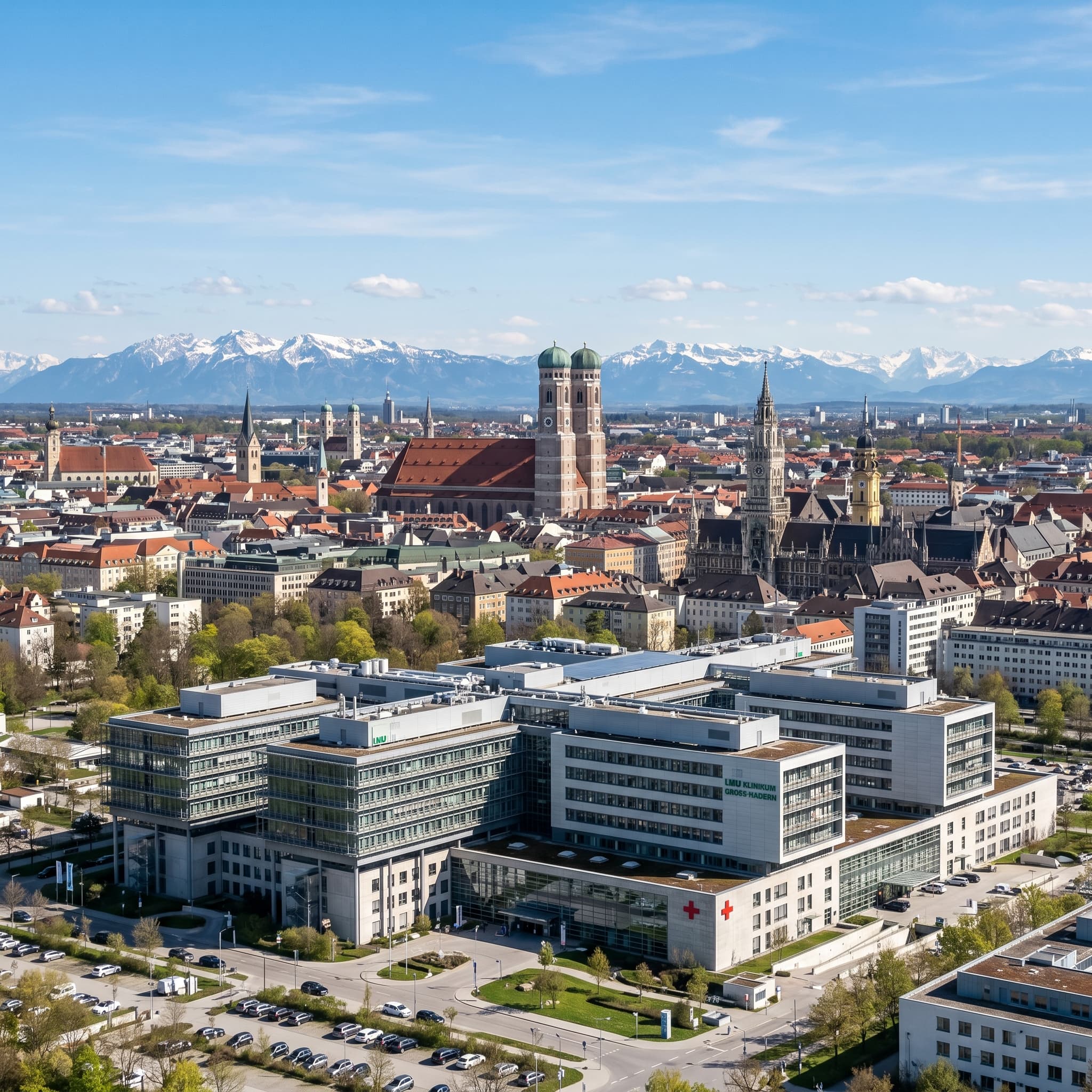 Силуэт Мюнхена с медицинским кампусом и Альпами