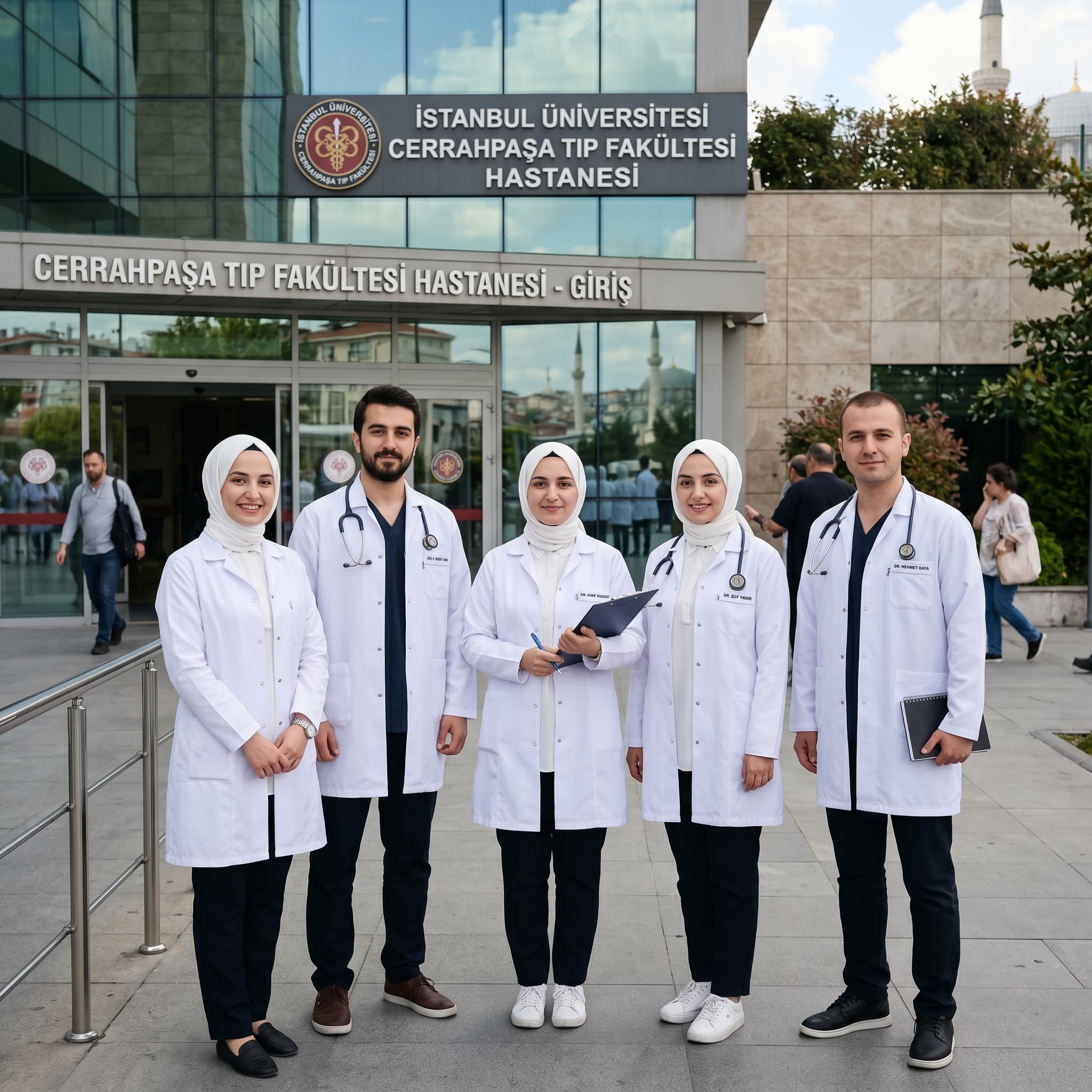 Команда стажёров у входа в клинику Стамбула