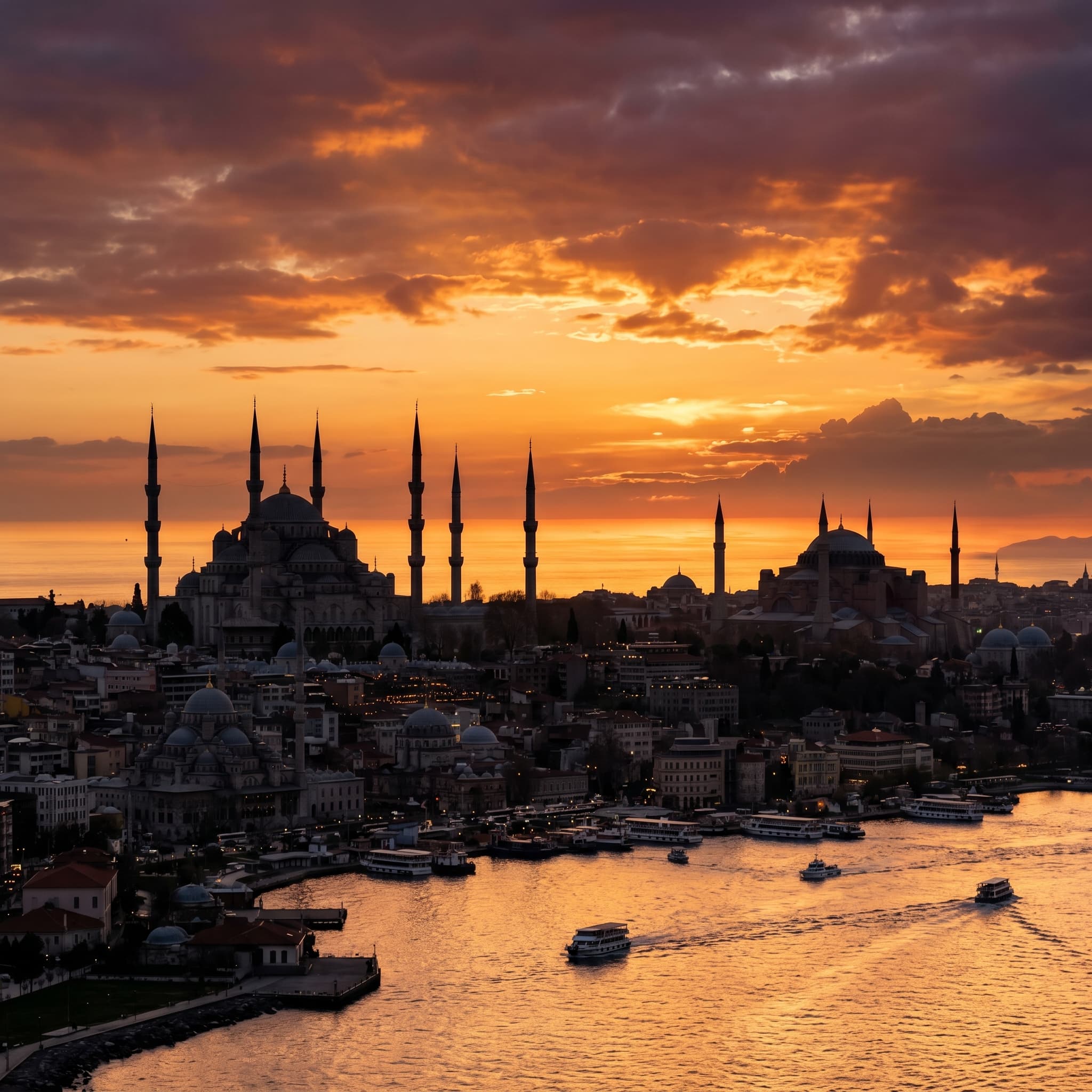 Силуэт Стамбула на закате с Голубой мечетью